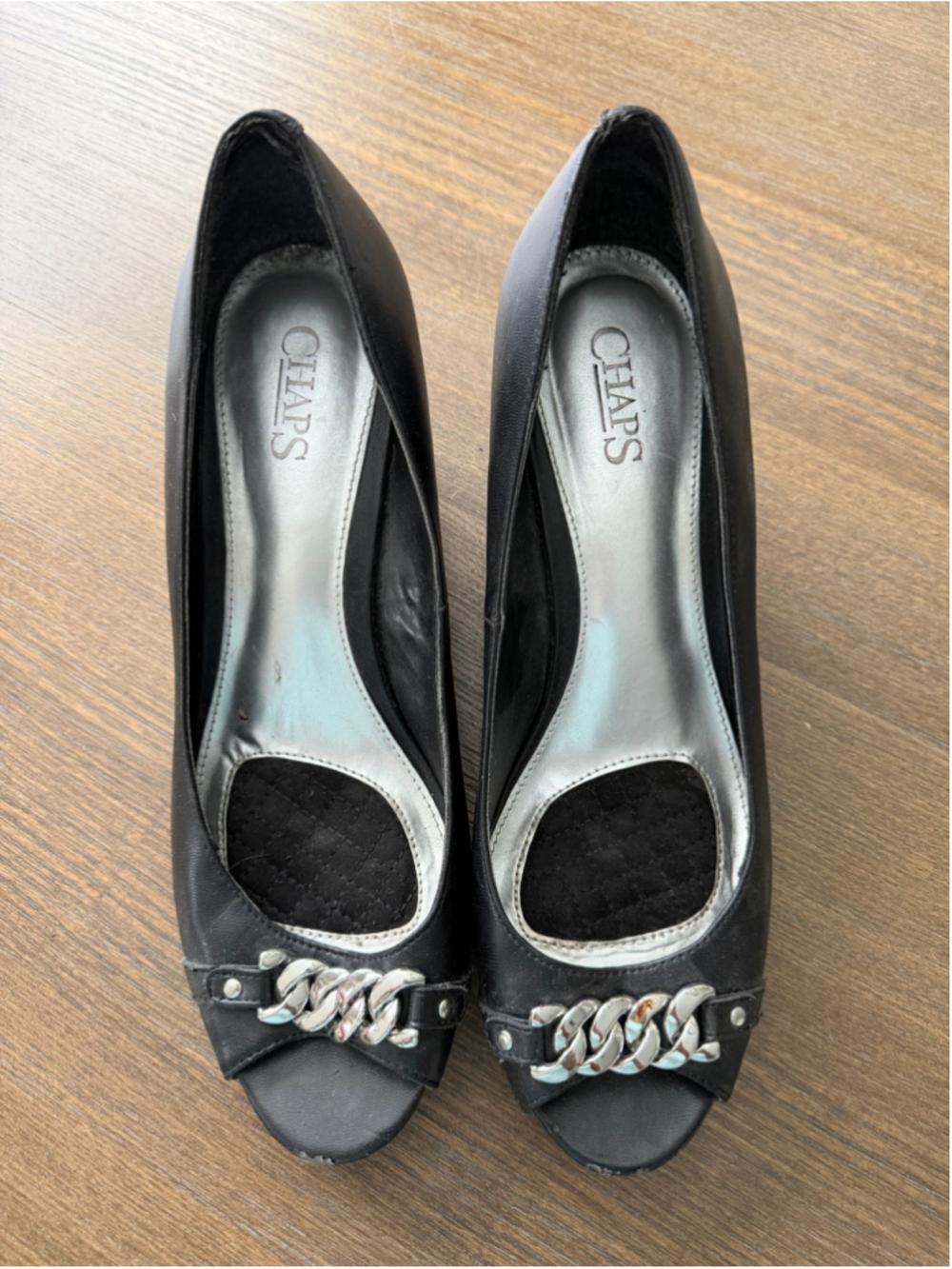 Chaps Black Wedge Heels with Silver Chain Detail Size 10